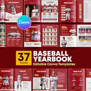 May include: A baseball yearbook template with a red and white color scheme. The cover features player spotlights, team rosters, and game highlights. The text includes "Baseball Yearbook" and "Editable Canva Templates."