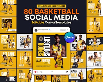 Sjabloonpakket sociale media basketbal | 80 bewerkbare canvasontwerpen voor Game Day, speler in de spotlight