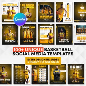 May include: A collection of over 100 basketball social media templates featuring yellow and black colour schemes. The designs include player profiles, game day announcements, schedules, and team rosters with text overlays and basketball imagery.