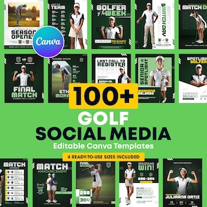 May include: A collection of over 100 golf social media templates, designed for use with Canva. The templates feature various layouts with images of golfers, match announcements, and scoreboards. Includes 4 ready-to-use sizes.