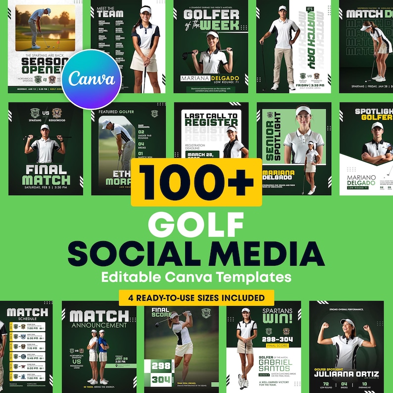 May include: A collection of over 100 golf social media templates, designed for use with Canva. The templates feature various layouts with images of golfers, match announcements, and scoreboards. Includes 4 ready-to-use sizes.