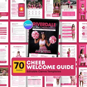 May include: A digital 70-page cheerleading welcome guide template set for Canva. The central display shows a Riverdale Storm Cheerleading binder cover with a cheerleader holding pink pom-poms. Surrounding pages feature pink and white layouts.