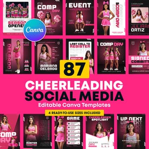 May include: A set of pink and white cheerleading social media templates. The templates feature event announcements, team rosters, and cheerleader spotlights. Text includes "CHEERLEADING SOCIAL MEDIA" and "Editable Canva Templates".
