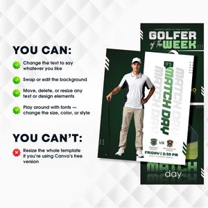 May include: A promotional graphic for a golf event. The design features a golfer in a white polo shirt and khaki pants, holding a golf club. Text includes "Golfer of the Week" and "Match Day". The graphic also lists event details.