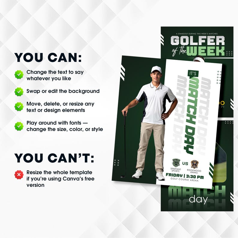 May include: A promotional graphic for a golf event. The design features a golfer in a white polo shirt and khaki pants, holding a golf club. Text includes "Golfer of the Week" and "Match Day". The graphic also lists event details.