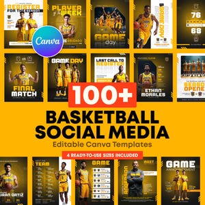 May include: A collection of basketball-themed social media templates. The templates feature players in action, game day announcements, and team information. The design includes a vibrant yellow and black color scheme, with the Canva logo prominently displayed.