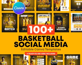 Más de 100 plantillas de baloncesto para redes sociales / Diseños editables de Canva para el día del partido y jugadores destacados