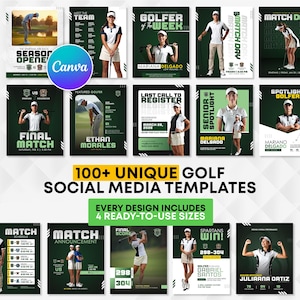 May include: A collection of over 100 digital golf social media templates featuring various layouts with green and white colour schemes. The designs include text such as Season Opener, Golfer of the Week, Match Day, Final Match, and Last Call to Register.