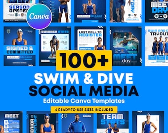 Sjabloonpakket voor zwemmen en duiken voor sociale media | Bewerkbare canvasontwerpen voor Meet Day, Swimmer Spotlight