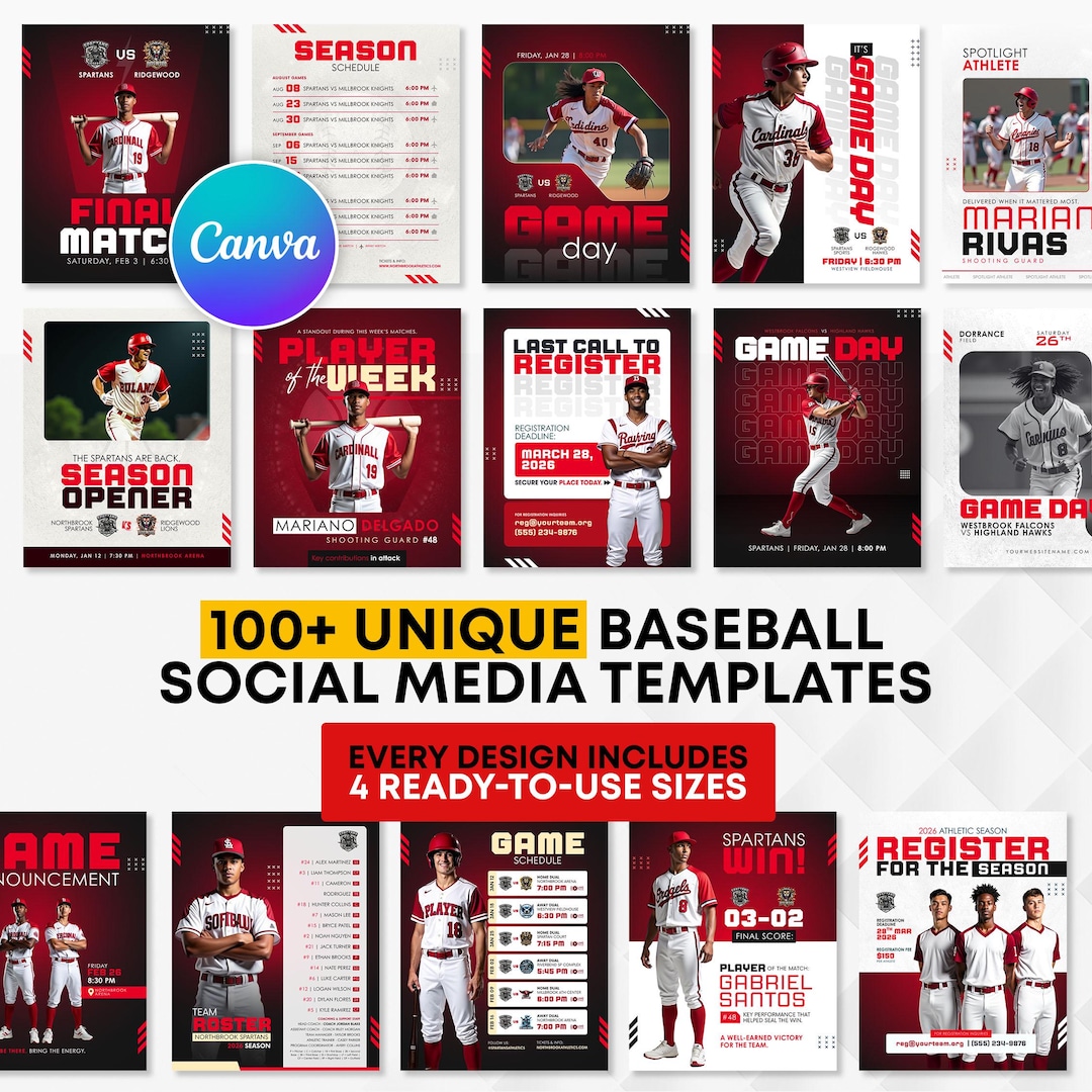 Baseball Social Media Templates Pack | Editable Canva Game Day & Player ...