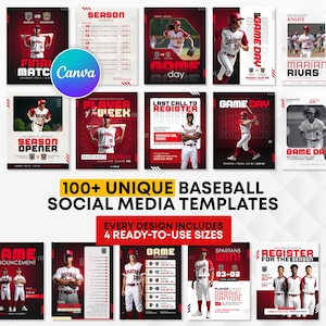 May include: A collection of over 100 baseball social media templates featuring various designs with red and white color schemes. The templates display baseball players in uniforms, game schedules, player spotlights, and registration information.