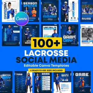 May include: A collection of lacrosse social media templates, featuring various designs with blue and white color schemes. The templates include game day announcements, player spotlights, and team information, all editable in Canva.