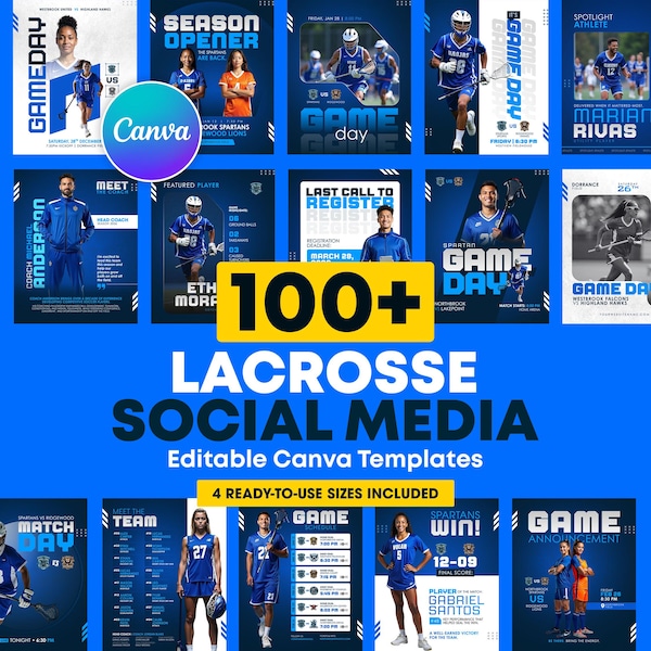 100+ Lacrosse Social Media Template Pack | Editable Canva Designs for Game Day, Player Spotlight