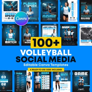 May include: A collection of volleyball-themed social media templates. The templates feature images of volleyball players, game day announcements, and team information. The templates are designed for use with Canva and include 4 ready-to-use sizes.