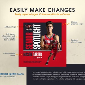 Peut inclure: Conception graphique rouge et noire pour un projecteur senior de joueur de basket-ball. La conception comprend le texte "SENIOR SPOTLIGHT" et "MASON CARTER #47". La conception est modifiable dans Canva.