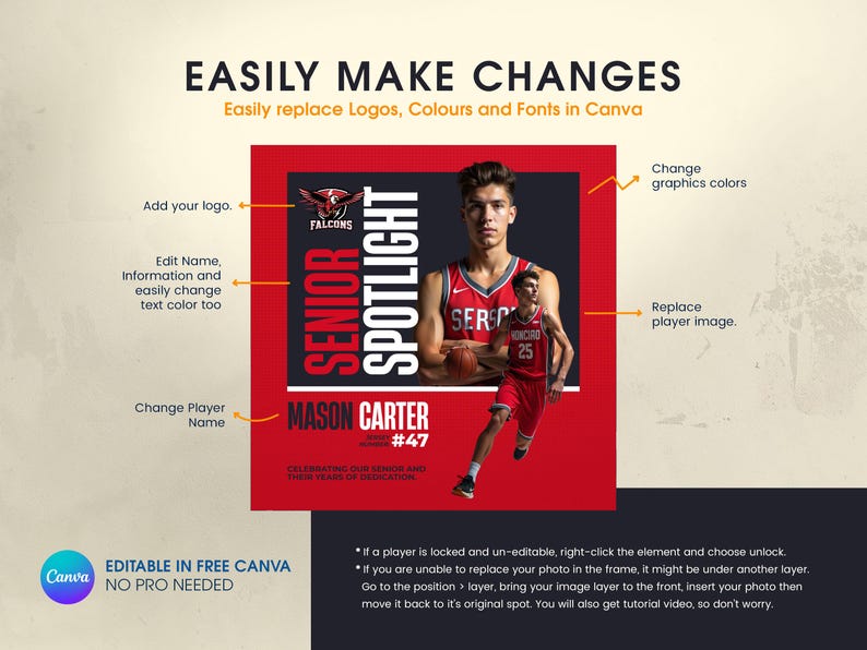 Peut inclure: Conception graphique rouge et noire pour un projecteur senior de joueur de basket-ball. La conception comprend le texte "SENIOR SPOTLIGHT" et "MASON CARTER #47". La conception est modifiable dans Canva.