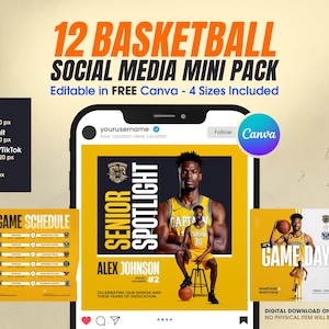 Mini-pack de médias sociaux de basket-ball | 12 modèles de toile modifiables : jour de match, vedette des joueurs, calendrier image 1