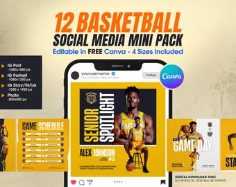 Minipakket sociale media basketbal | 12 bewerkbare canva-sjablonen: wedstrijddag, speler in de spotlight, schema