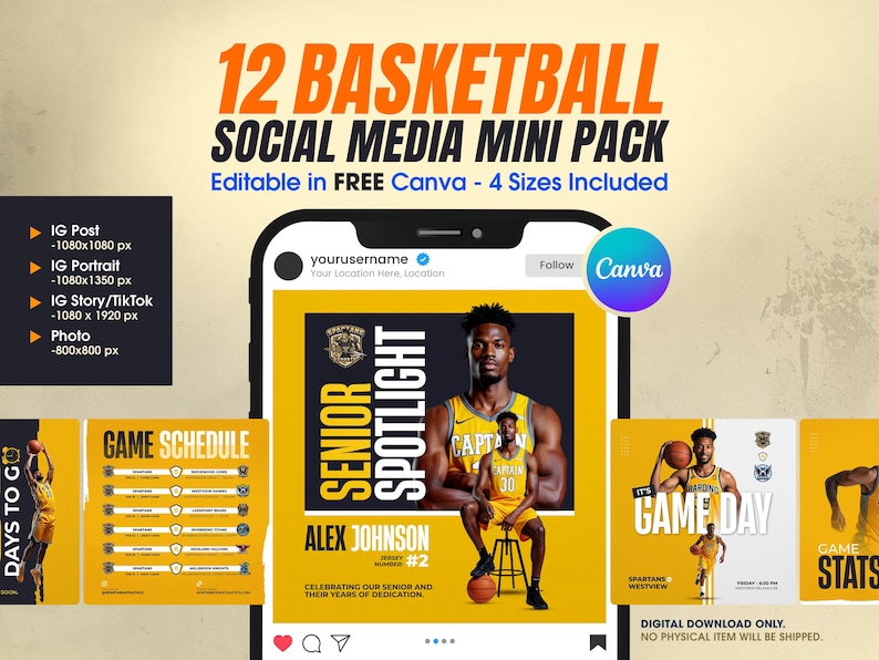 Mini-pack de médias sociaux de basket-ball | 12 modèles de toile modifiables : jour de match, vedette des joueurs, calendrier image 1