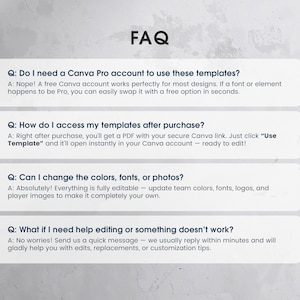 Peut inclure: Graphique "FAQ" avec quatre questions et r&eacute;ponses sur l'utilisation des mod&egrave;les Canva. Les questions portent sur l'utilisation de Canva Pro, l'acc&egrave;s aux mod&egrave;les, les modifications et l'assistance. Fond gris clair textur&eacute;.