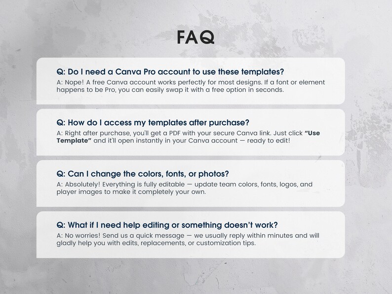Peut inclure: Graphique "FAQ" avec quatre questions et r&eacute;ponses sur l'utilisation des mod&egrave;les Canva. Les questions portent sur l'utilisation de Canva Pro, l'acc&egrave;s aux mod&egrave;les, les modifications et l'assistance. Fond gris clair textur&eacute;.