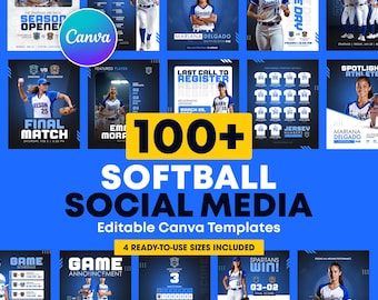 Paquete de plantillas para redes sociales de sóftbol / Diseños editables de Canva para el día del partido y jugadores destacados