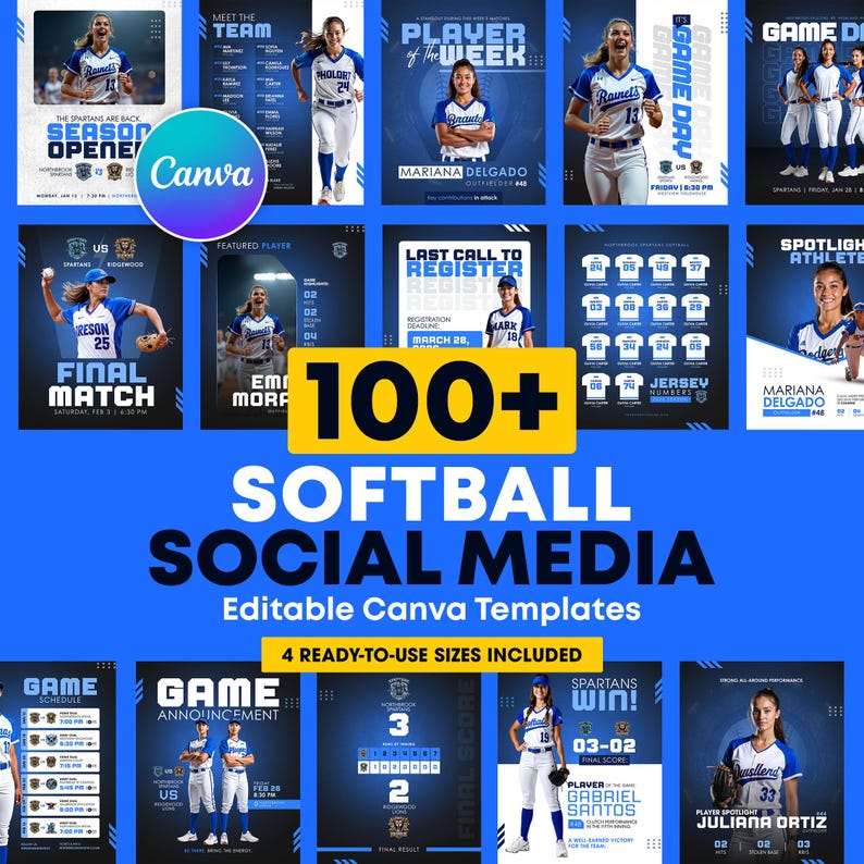 Softball Social Media Template Pack | Editable Canva Designs for Game ...