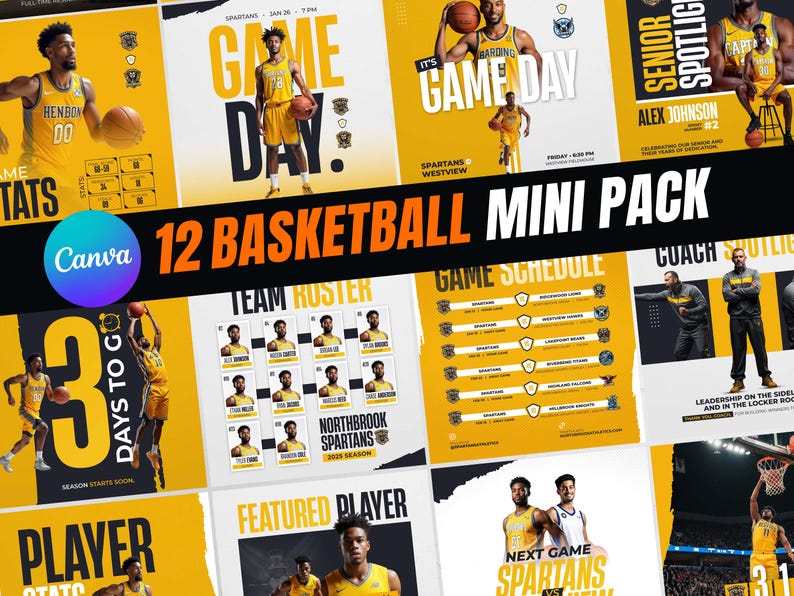 Mini-pack de médias sociaux de basket-ball | 12 modèles de toile modifiables : jour de match, vedette des joueurs, calendrier image 2