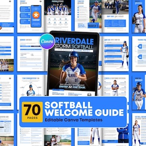 May include: A digital 70-page softball welcome guide template for Canva featuring a blue and white color scheme. The layout includes various pages with text, charts, and photographs of softball players in uniform on a field at night.