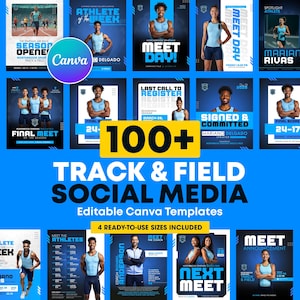 May include: A collection of track and field social media templates. The templates feature athletes, event announcements, and meet day graphics. The color scheme is primarily blue and white, with text such as "Meet Day!" and "Final Score".