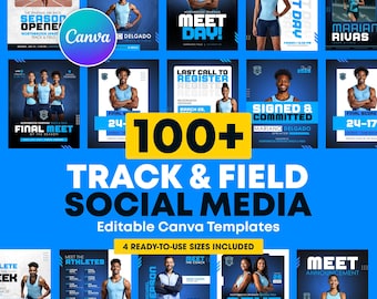 100+ Track and Field-sjablonen voor sociale media | Bewerkbare Canva Meet Day- en spotlightposts voor atleten