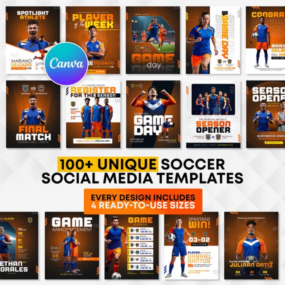 100+ Soccer Social Media Template Pack | Editable Canva Designs for Game Day, Player Spotlight