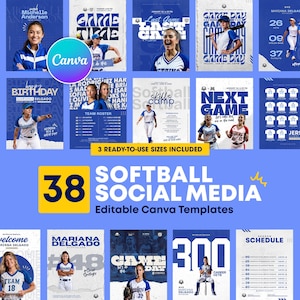 May include: A set of 38 softball social media templates in blue and white. The templates feature graphics for game days, team rosters, and player spotlights. The Canva logo is visible.
