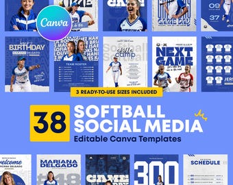 38 social media-sjablonen softbal | Bewerkbare Canva Game Day- en spelerspotlight-berichten