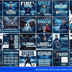 Paquete de plantillas para redes sociales de hockey: 25 diseños editables en Canva para el día del partido y el jugador destacado imagen 2