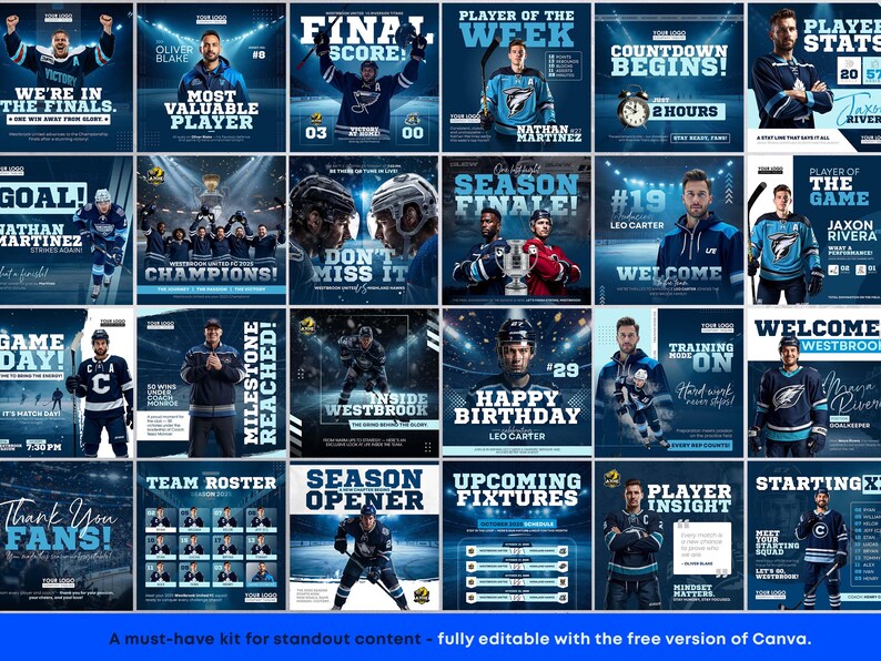 Paquete de plantillas para redes sociales de hockey: 25 diseños editables en Canva para el día del partido y el jugador destacado imagen 2