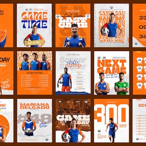 Op de afbeelding: Een verzameling van vijftien digitale sportflyers met voetballers in blauwe en oranje shirts, voetballen, teamopstellingen, schema's en wedstrijdaankondigingen met dikke typografie op witte en oranje achtergronden.