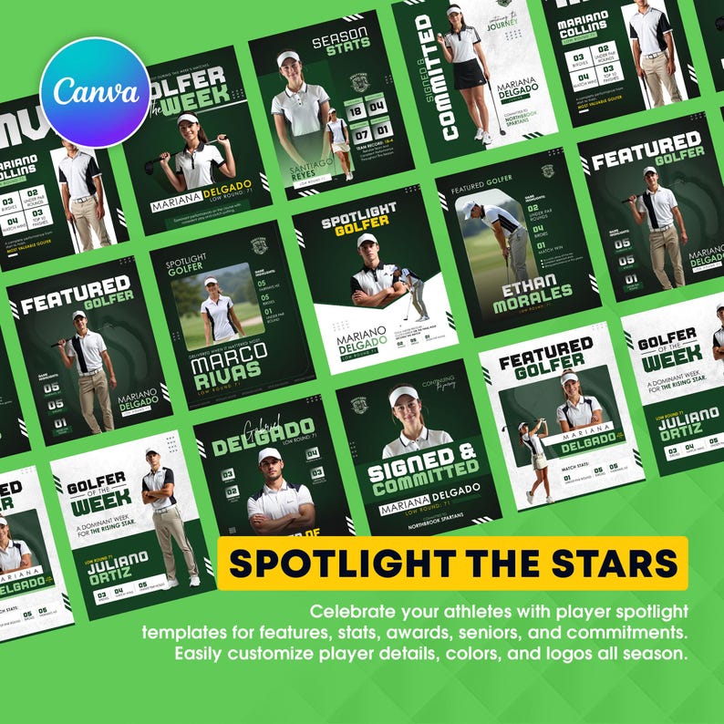 May include: A collection of green and white golf-themed templates with player spotlights. Each template features a golfer's name, stats, and the text "Featured Golfer," "Spotlight Golfer," or "Golfer Week." The text "Spotlight the Stars" is also visible.