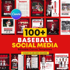 May include: A collection of baseball-themed social media templates. The templates feature baseball players, game day announcements, and season schedules. The design includes red and white colors with the text "100+ BASEBALL SOCIAL MEDIA" and "Editable Canva Templates".