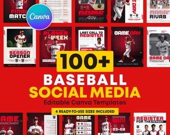 Plantillas de redes sociales de béisbol / Publicaciones editables de Canva para el día del partido y jugadores destacados