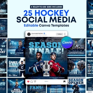 Paquete de plantillas para redes sociales de hockey: 25 diseños editables en Canva para el día del partido y el jugador destacado imagen 1