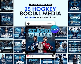 Sjabloonpakket sociale media hockey | 25 bewerkbare canvasontwerpen voor Game Day, speler in de spotlight