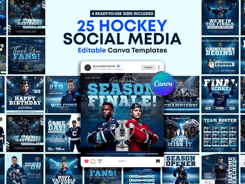 Paquete de plantillas para redes sociales de hockey: 25 diseños editables en Canva para el día del partido y el jugador destacado imagen 1
