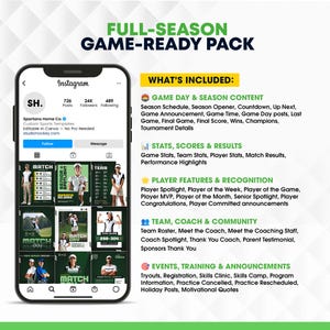May include: A digital marketing graphic for sports teams, featuring an Instagram mockup with team photos and a "Game-Ready Pack" description. The pack includes content for game days, stats, player features, team info, and events.