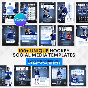May include: A collection of digital social media templates for hockey featuring various layouts with blue and white color schemes, hockey players in uniform, and text elements like Game Day, Player Stats, and Skills Clinic for sports promotion.