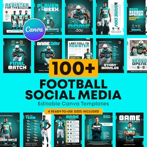 以下が含まれることがあります： ターコイズと白のフットボールソーシャルメディアテンプレートのコレクション。テンプレートには、試合日、プレーヤーのスポットライト、登録用のグラフィックが含まれています。テキストには「100+ Football Social Media」と「Editable Canva Templates」が含まれています。