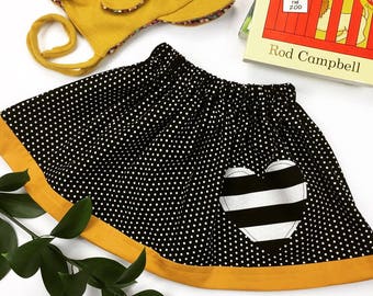 Black & White Polka Dot Skirt with Mustard Yellow Trim