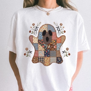 Comfort Colors® Retro Halloween Ghost Shirt, Faux Patchwork Floral Ghost Tee, Cute Spooky Season Gift, Trendy Boho Fall Sweatshirt