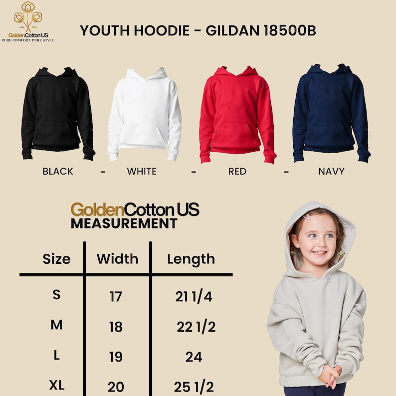 May include: Youth hoodies in black, white, red, and navy blue. The image includes a size chart with measurements in inches for width and length, ranging from size small to extra large. The hoodies are Gildan 18500B.