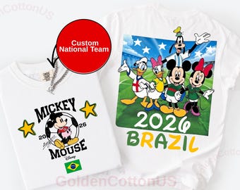 Camiseta de fútbol personalizada de Mickey y sus amigos con banderas de todos los países, camiseta de fútbol de Disney Mickey Mouse y sus amigos de EE. UU., camiseta familiar a juego de Disneyland